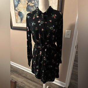 H&M Black Floral Belted Shirt Dress Size Large